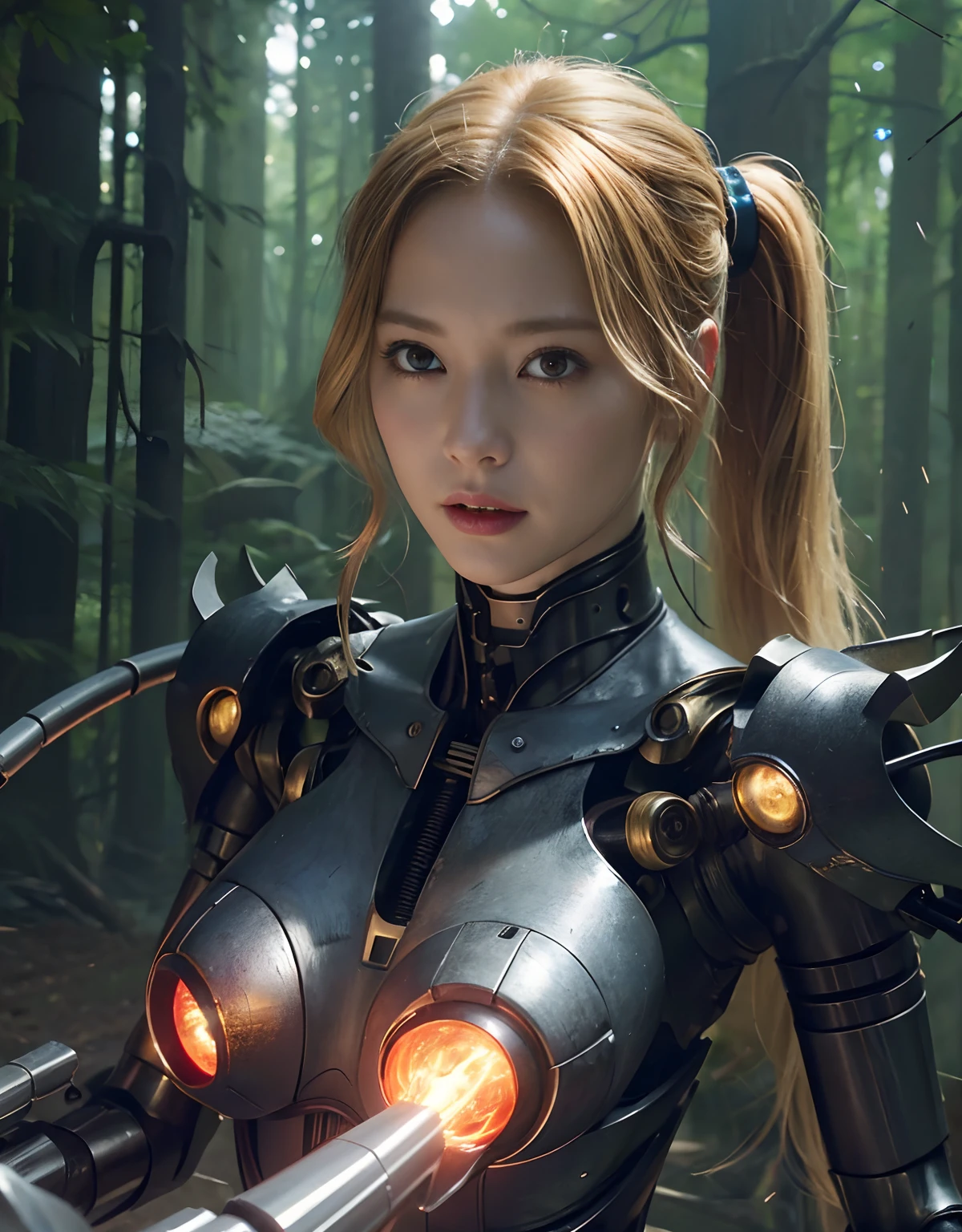 ((Fighting Demonic Beasts))、top-quality、​masterpiece、超A high resolution、(Photorealsitic:1.4)、Raw photo、女の子1人、Golden hair、glowy skin、(((1 Mechanical Girl)))、With a beautiful knife、（Blue Metal Bodysuit）、(beautiful forest background)、(Fighting Demonic Beasts)、(Small LED)、((super realistic details))、portlate、(Strong giant demon beast background),globalillumination、Shadow、octan render、8K、ultrasharp、Colossal tits、Raw skin is exposed in cleavage、metals、Details of complex ornaments、Japan details、highly intricate detail、Realistic light、CGSoation Trends、Red Eyes、radiant eyes、Facing the camera、neon details、(Mechanical limbs)、(blood vessels connected to tubes)、Mechanical vertebrae attached to the back、mechanical cervical attaching to neck、(Wires and cables connecting to the head)、Gundam、Small LED、,Mechanical thighs、Toostock、（Hands are also made of machines）、（Attack of the Monster Beasts）、（Wounded in a deadly battle）、