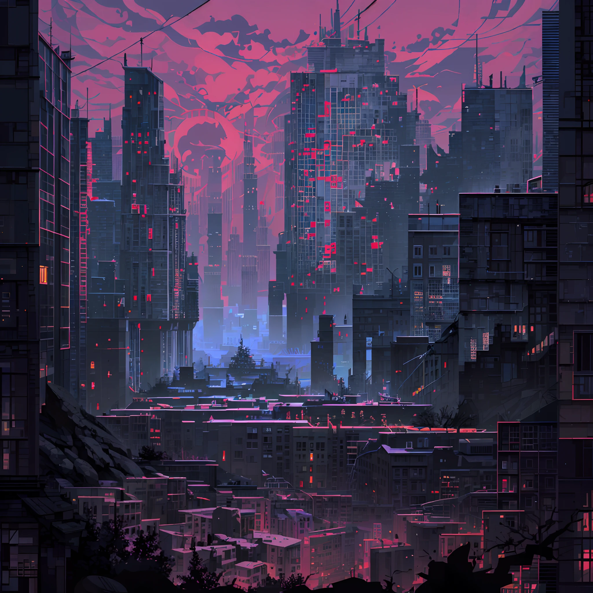 pixel art，(Gray-black purple，color scheme:1.4)In a post-apocalyptic metropolis, The remains of a huge city lie in ruins, Similar to the pixelated gameplay style. Capture the view through the drone's perspective, Provides a unique fisheye lens effect. The atmosphere is full of nostalgic cyberpunk vibe, Dilapidated cars and buildings are intertwined in a mesmerizing display. The city is bathed in neon lights, Cast an eerie glow on particles of floating dust that fill the air. In the midst of desolation, Nature endures, Plants slowly regain their urban landscape with their continuous growth. The scene is a fascinating blend of futurism and decay, Create a surreal world，Remnants of the past merge with the possibilities of a new future.