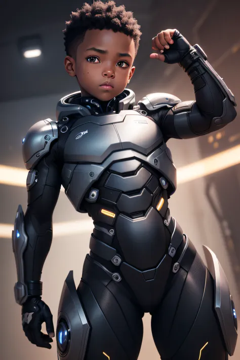 a black baby cyborg boy, cute pose, very cute, detailed face, detailed fat body, detailed outfit (reality: 1.4), (A hyper-realistic), (high resolution), (8K), (highly detailed), ( Best Illustration), (detailed eyes), (ultra-detailliert), Bright lighting, P...