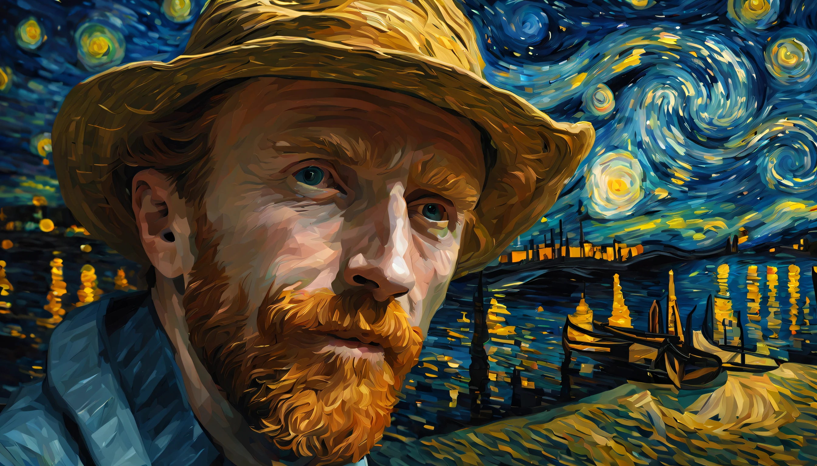 Selfie of impressionist painter Van Gogh, against the backdrop of a starry night,  fisheye lens, 8K camera, wide view, (Best Quality), Complex and detailed 3D rendering, Cinematic light, films, photograph realistic