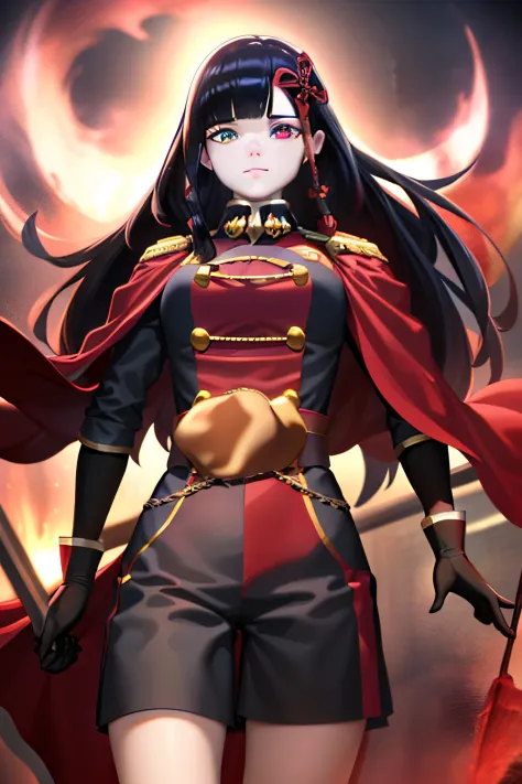 best quality,masterpiece,Master piece,extremely detailed CG unity 8k,cinemic lighting, yamashiro768, gloves, red cape, very long hair, Half body , heterochromia , White and black hair , beautiful eyes , beautiful face , high quality eye detail , high quali...