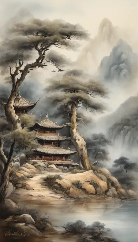 Quaint Han Dynasty style temple，（There was an ancient Chinese monk who sat and meditated（closeup cleavage）），（Meditate），zazen，age-old tree，falling leaf，（Chinese landscape painting style），（Pastel ink painting），（8k wallpaper），（light and shadow effect），renderi...