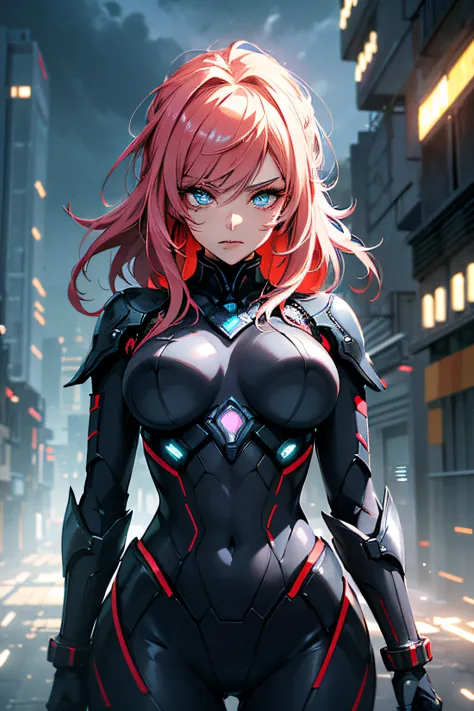 A mecha woman combat in a dystopian city, embellished with futuristic technology. The woman has captivating, piercing blue eyes ...