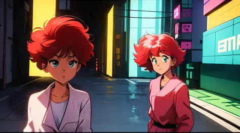 A woman with red hair and a green shirt in front of a building, menina lofi, 8 0 s vibe anime, anime vibes, Digital anime illust...