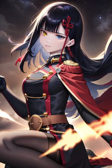best quality,masterpiece,Master piece,extremely detailed CG unity 8k,cinemic lighting, yamashiro768, gloves, red cape, very long hair, Half body , heterochromia , White and black hair , beautiful eyes , beautiful face , high quality eye detail , high quali...