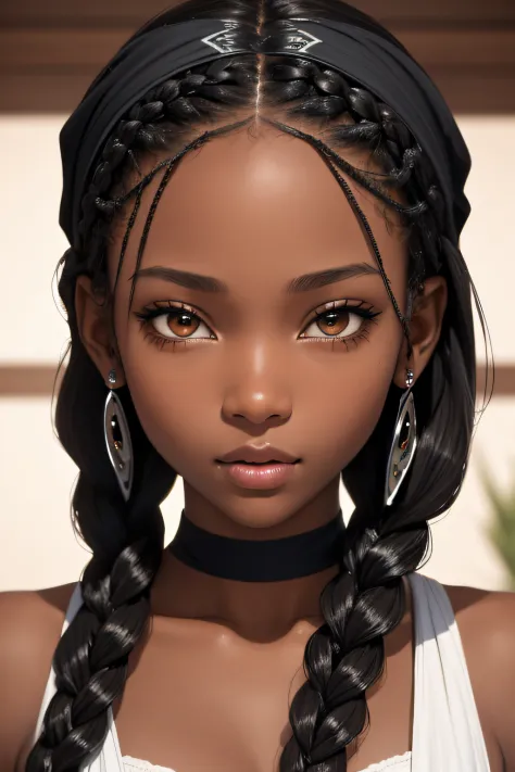 (masterpiece, best quality), deep ebony 1girl, beautiful face, freely hanging braids. headband