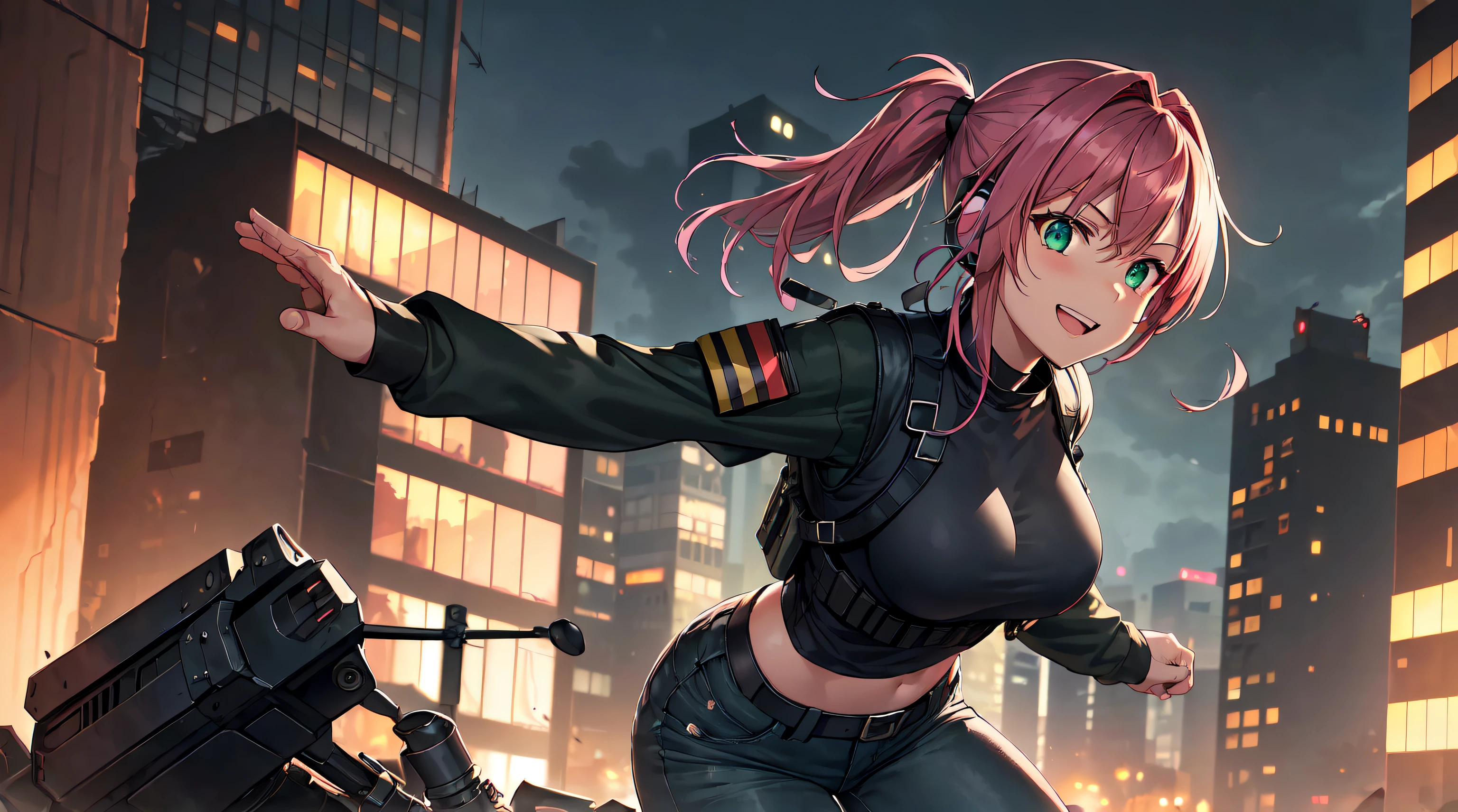 ​masterpiece, 1girl ((20year old, black tight tshirt, military tactical vest, tight khaki jeans, boots, medium breasts, multicolor pink hair, twin ponytails, perfect model body, green eyes, flirting, happy, big smile, headphones, running in a combat zone war torn street at dusk, explosions and destroyed skyscrapers, warzone and apocalyptical atmosphere)) ((dusk)) ((solo))