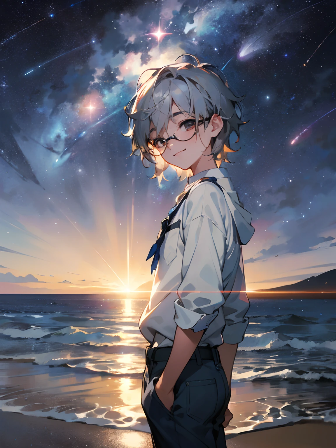 (Male child, eye glasses,A smile, silber hair),(((​masterpiece)))、(((top-quality)))、((ultra-definition))、(High Definition CG Illustration)、((extremely delicate and beautiful)),