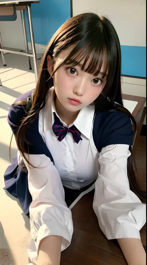 Best quality, masterpiece, ultra high res, (ecstasy:1.0), 1girl, class room, DARK hair, dramatic lighting, bitch, breasts,  (high-school uniform:1.2), (lying:1.5) ,(face up:1.2),