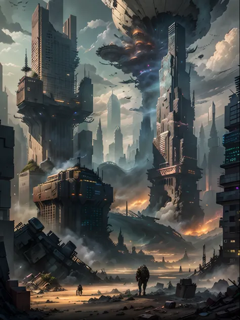 The city of Arafeld with a lot of buildings and a lot of smoke, post apocalyptic landscape, landscape of apocalypse city, post - apocalyptic city, apocalyptic scenery, apocalyptic city, apocalyptic landscape, post-apocalyptic hellscape, post apocalyptic at...