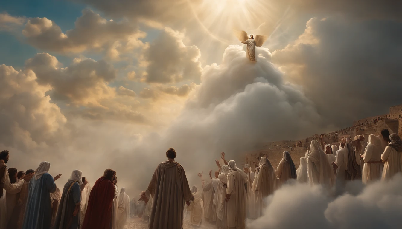 Jesus steigt vom Himmel zwischen den Wolken zu einer Menschenmenge in Jerusalem herab, realistisches Bild, detailliertes Zenarium, erstes Werk, 8K --ar 16:9
