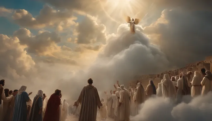 Jesus descending from heaven among the clouds to a crowd in Jerusalem ...