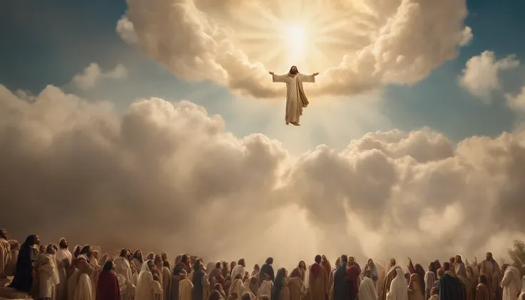 Jesus descending from heaven among the clouds to a crowd in Jerusalem ...