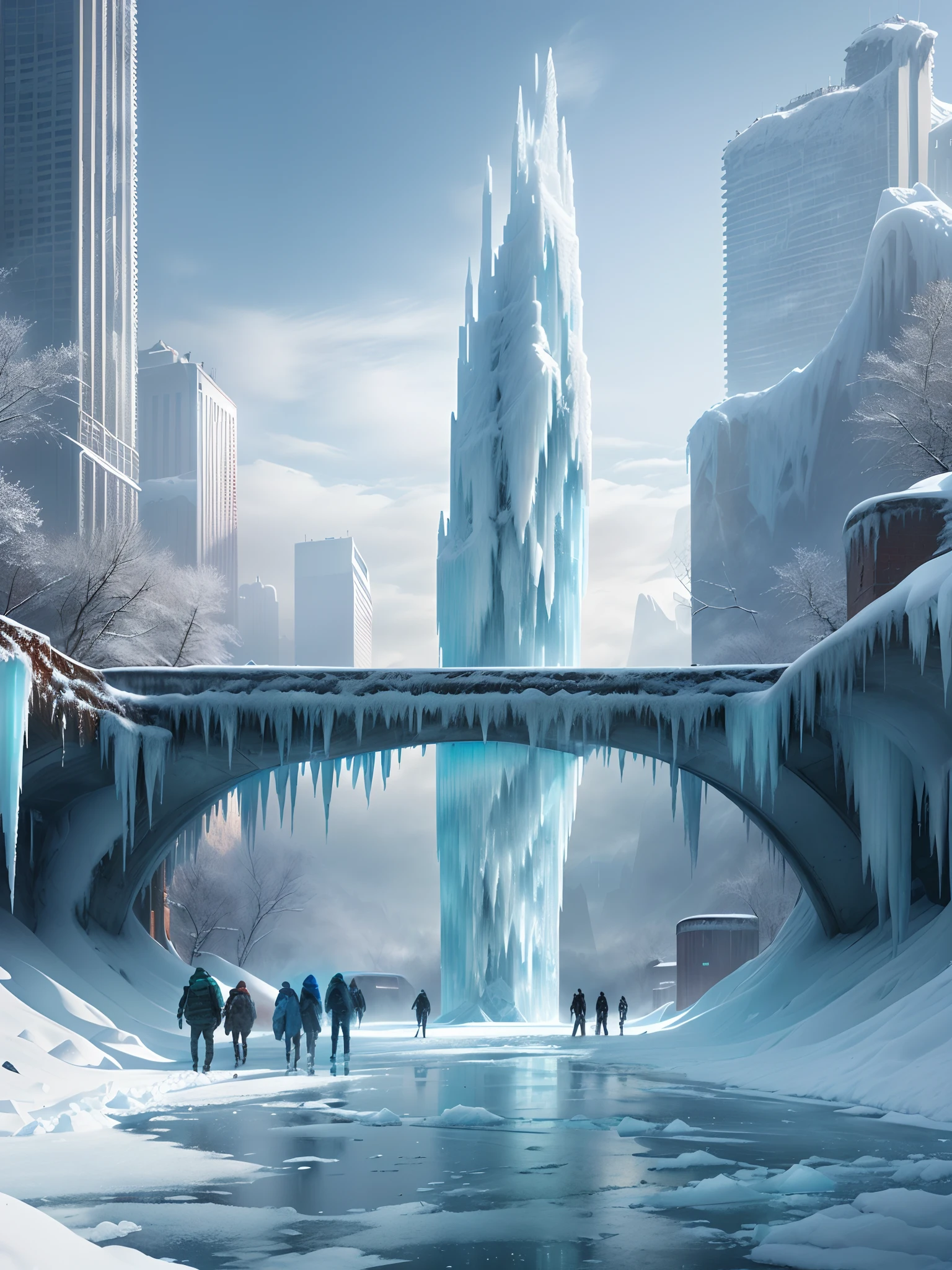 Snowy city，Snow-capped skyscrapers，People walk on snowy roads, ice city in 2 0 8 0, apocalyptic future city, Photo of futuristic cityscape, futuristic dystopian city, Futuristic city landscape, futuristic urban background, Futuristic city background, Futuristic city landscape, dystopian scifi apocalypse, futuristic urban background, dystopian city, Dystopian digital concept art，frozen waterfall, Icicles, Frozen statue, Icicles, icy, Freeze and cover with ice, Covered in ice, entrapped in ice, Terrible sharpness and cold, frozen like a statue, everything is made out of ice