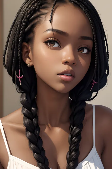 (masterpiece, best quality), deep ebony 1girl, beautiful face, freely hanging braids, confused