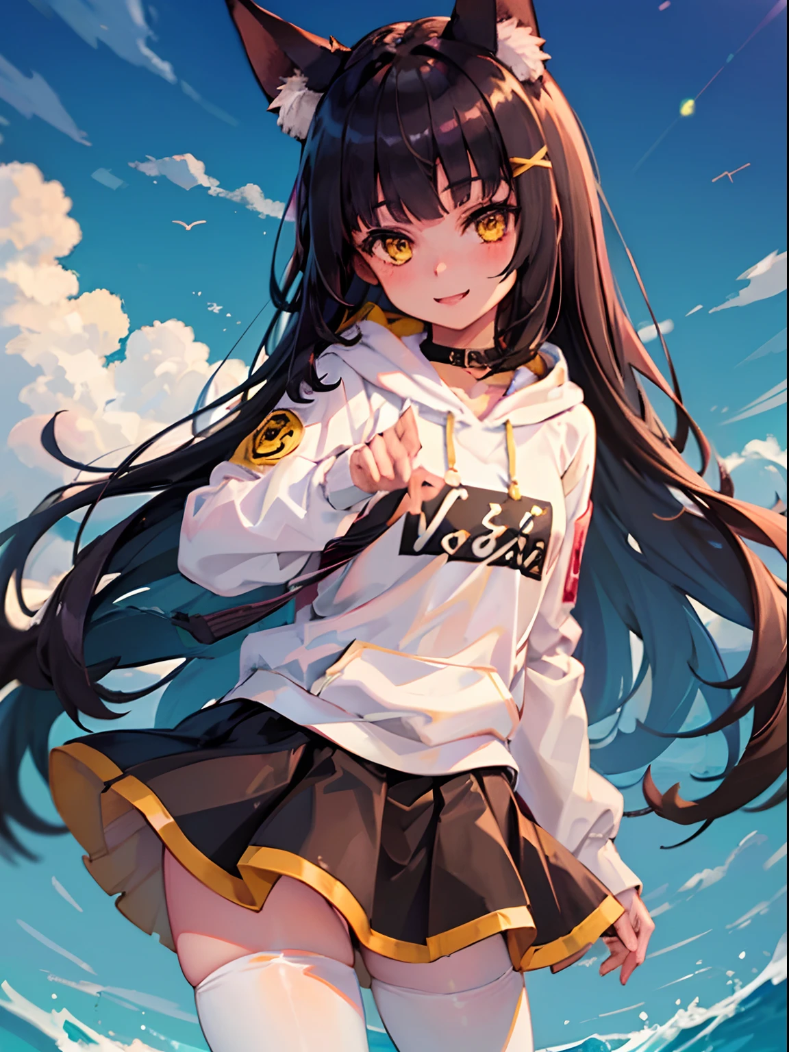 (((best quality, 1girl))), animal ears, fox ears, black hair, long hair, bangs, animal ear fluff, yellow eyes, blunt bangs, hair ornament, brown eyes, hoodie, skirt, white pantyhose, young, , smile, looking at viewer