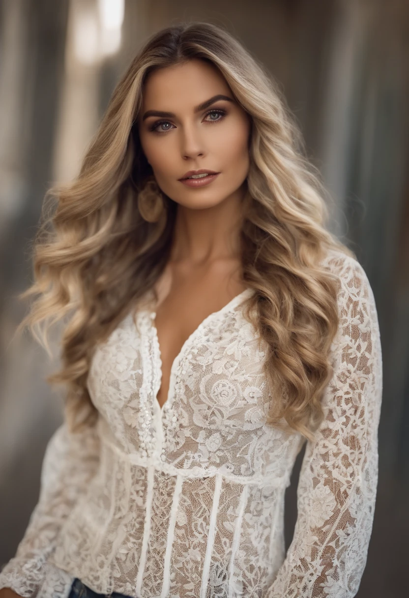 A woman wearing a white lace top and jeans - SeaArt AI