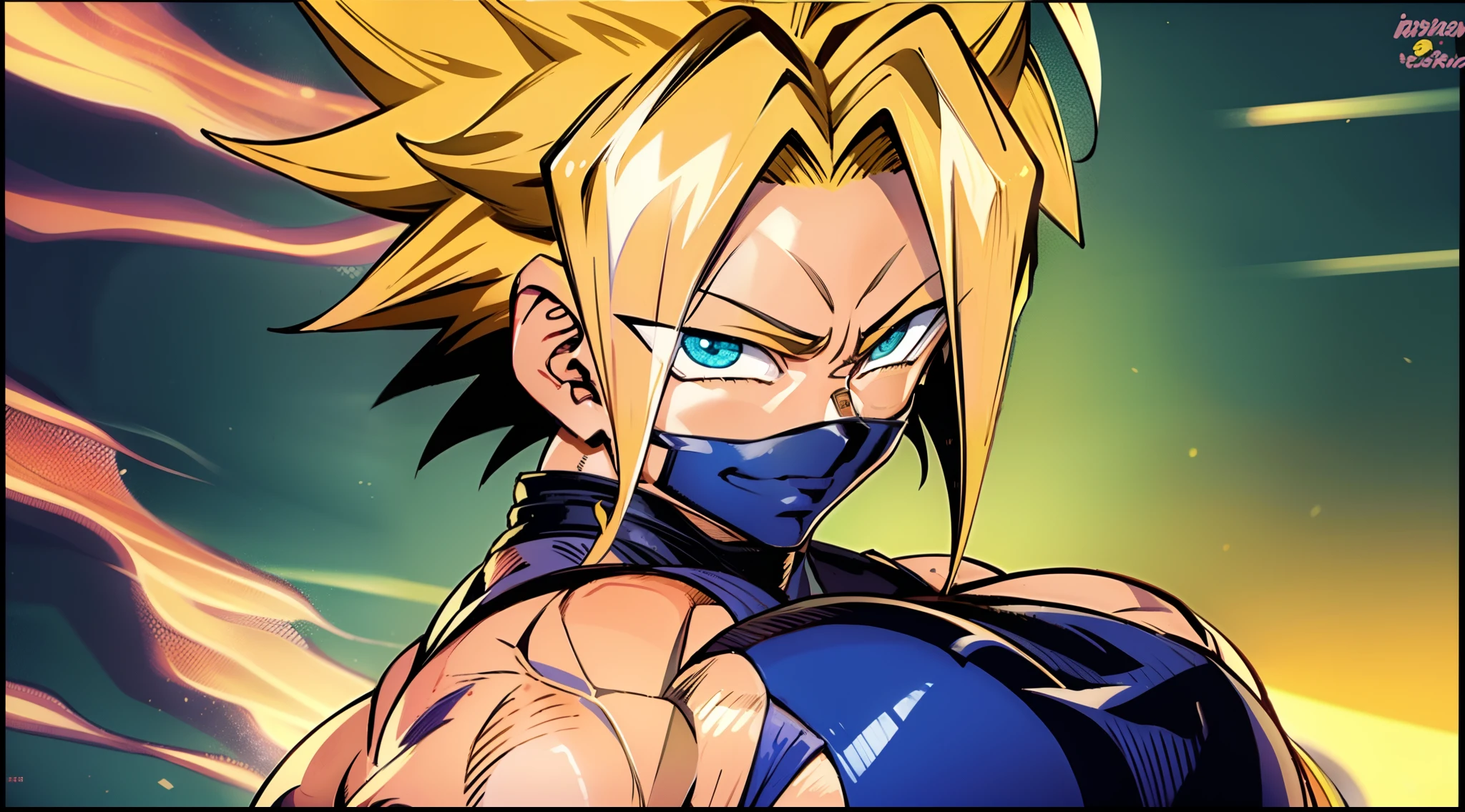 Marle Barrock, parede de tout le corps, tout le corps, sourire fou, cheveux hérissés, cheveux hauts, Coloration cheveux jaune dégradé diamant, cheveux blond, Style SSJ2, Super Saiyajin, Super Saiyan 2, estilo animé de Dragon Ball, détail élevé, animé, 4k