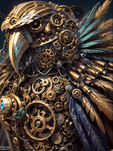 (best quality, ultra-detailed, realistic:1.37), steampunk mechanical eagle robot, a steampunk eagle robot ,bronze color, tube and pipe, gears and metal, rising steam, metallic wings and claws, metallic head and peck, metallic feather,detailed metallic feathers, intricate mechanisms, intricate steampunk design, intricate cogwheel system, vintage and futuristic fusion, vibrant and rich textures, atmospheric lighting, sizzling steam, captivating shades of bronze, awe-inspiring presence, mesmerizing attention to detail, dynamic and powerful pose, mystical aura, evoking a sense of adventure, masterful fusion of science and fantasy.
