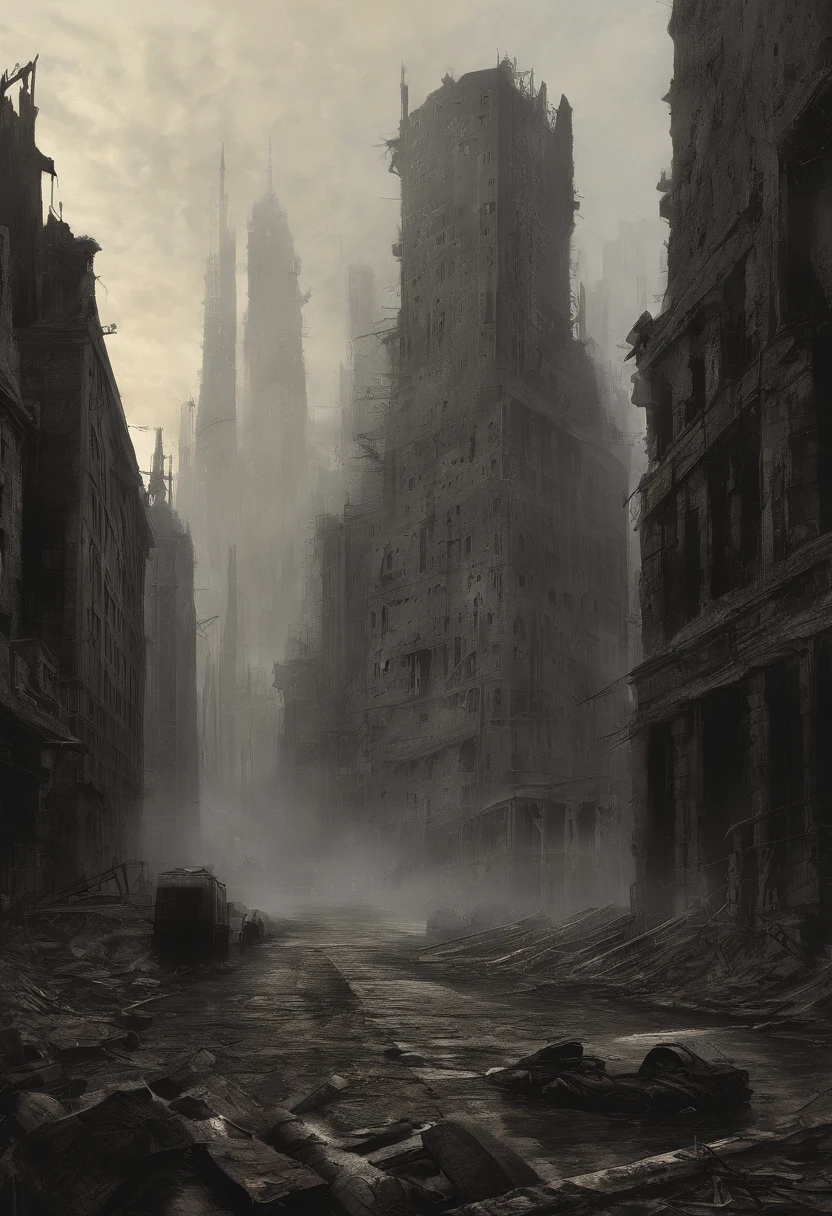 Create dystopian masterpieces，Depict the destroyed futuristic cityscape ...