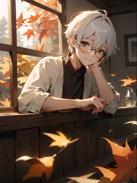 (male child, eye glasses,a smile, silber hair),(((​masterpiece)))、(((top-quality)))、((ultra-definition))、(high definition cg ill...