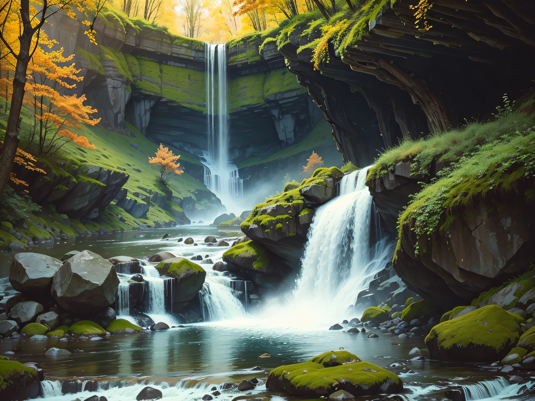 一幅描绘森林中瀑布的画，背景中也有瀑布- SeaArt AI
