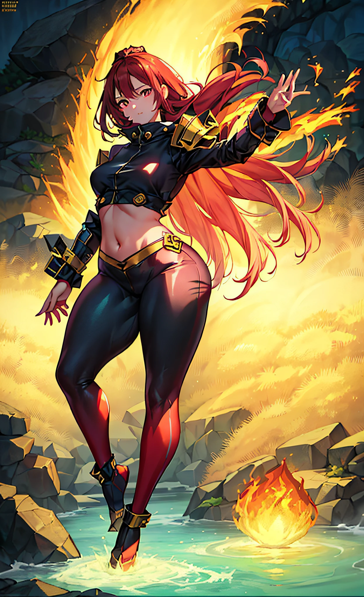 ultra-detailed, illustration, 1girl, Best quality, masterpiece, ultra high res, (photorealistic:1.4), cold light, wearing black and red leggins, big ass, big legs, thick thighs, small waist, big hips, female, red hair, long hair, loose hair, yellow eyes, wearing black coat, use a katana, magical warrior, confident, (masterpiece:1.2, best quality), beautiful, a 23yo woman, fiery hair, fire goddess, (glowing red eyes), extremely detailed face, beautiful detailed eyes, defined jawline, (perfect anatomy), wearing red armor, midriff, textured skin, hot lighting, flames, embers, measures 70-40-95, beautiful figure, confidant, wearing black leggins, big legs, highly voluptuous thighs, wears a black coat, fire powers, fire hero, big ass, solo girl, thick legs,