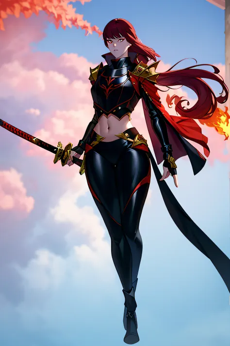 wearing black and red leggins, big ass, big legs, thick thighs, small waist, big hips, female, red hair, long hair, loose hair, yellow eyes, wearing black coat, use a katana, magical warrior, confident, (masterpiece:1.2, best quality), beautiful, a 23yo wo...