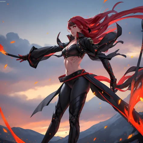 solo girl, wearing black and red leggins, big ass, big legs, thick thighs, small waist, big hips, female, red hair, long hair, loose hair, yellow eyes, wearing black coat, use a katana, magical warrior, confident, (masterpiece:1.2, best quality), beautiful...