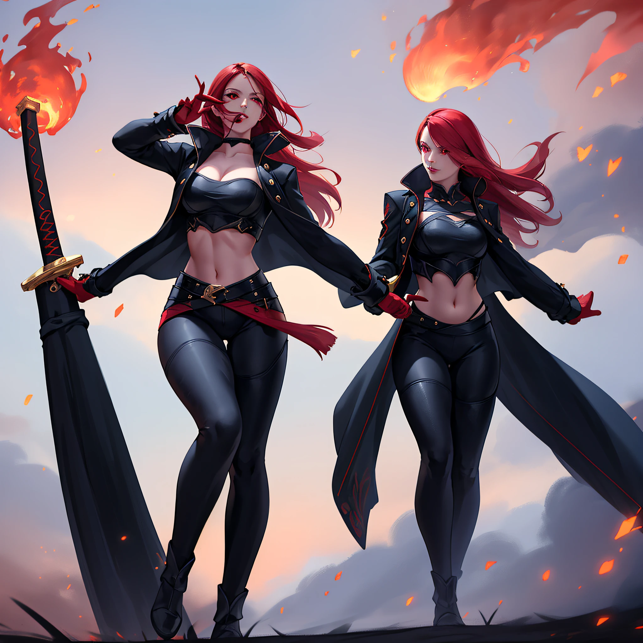 wearing black and red leggins, big ass, big legs, thick thighs, small waist, big hips, female, red hair, long hair, loose hair, yellow eyes, wearing black coat, use a katana, magical warrior, confident, (masterpiece:1.2, best quality), beautiful, a 23yo woman, fiery hair, fire goddess, (glowing red eyes), extremely detailed face, beautiful detailed eyes, defined jawline, (perfect anatomy), wearing red armor, midriff, textured skin, hot lighting, flames, embers, measures 70-40-95, beautiful figure, confidant, wearing black leggins, big legs, highly voluptuous thighs, wears a black coat, fire powers, fire hero, big ass, solo girl, thick legs, BEST QUALITY, full hd,