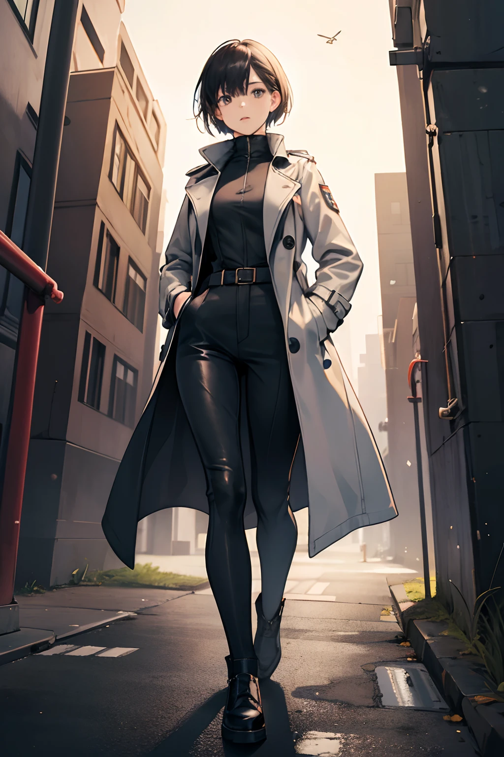 Girl on closed oversized trenchcoat, walking, hands in pockets, whole ...