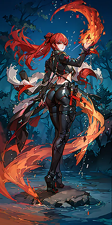 wearing black and red leggins, big ass, big legs, thick thighs, small waist, big hips, female, red hair, long hair, loose hair, yellow eyes, wearing black coat, use a katana, magical warrior, confident, (masterpiece:1.2, best quality), beautiful, a 23yo wo...