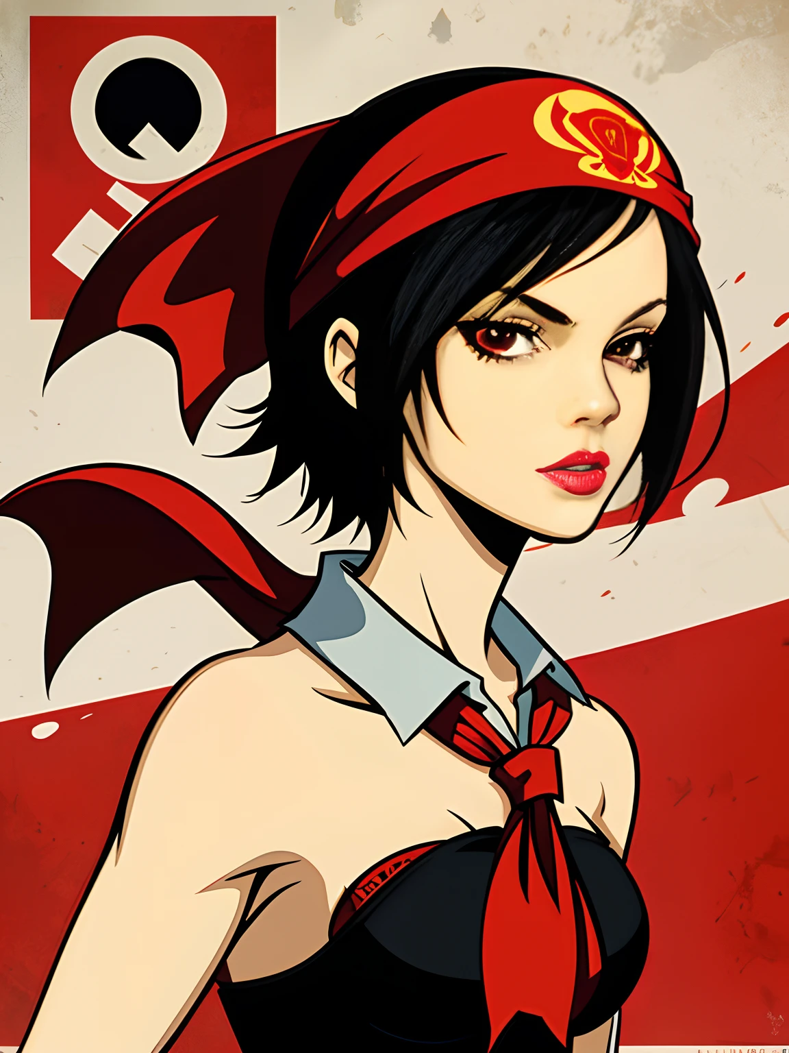 a poster of a woman with a red bandanna ; in the style of vector art, by Shepard Fairey