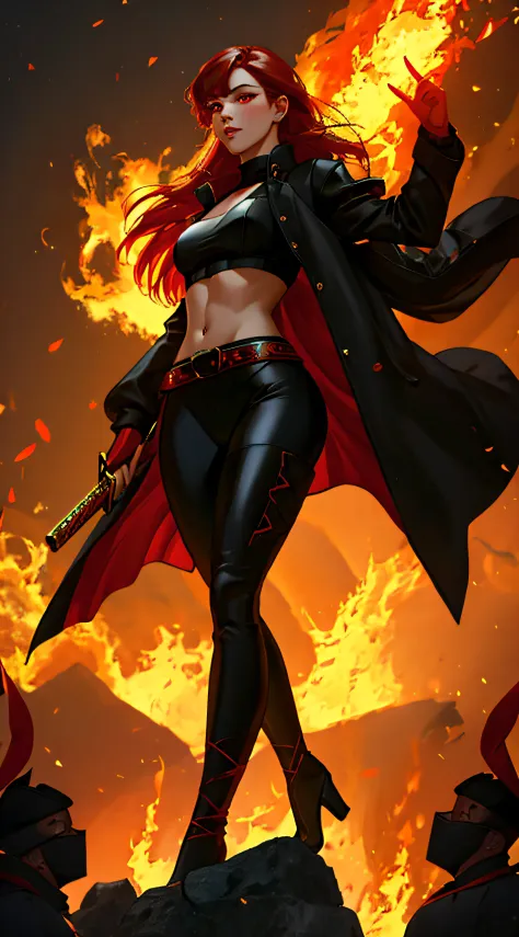 wearing black and red leggins, big ass, big legs, thick thighs, small waist, big hips, female, red hair, long hair, loose hair, glowing yellow eyes, wearing black coat, use a katana, magical warrior, confident, (masterpiece:1.2, best quality), beautiful, a...