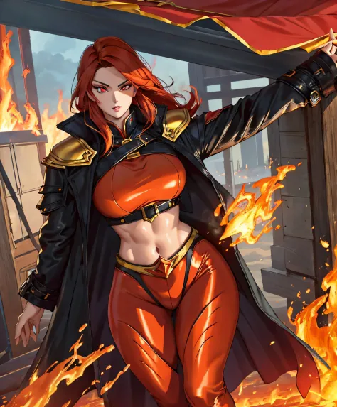 (masterpiece:1.2, best quality), beautiful, a 23yo woman, fiery hair, fire goddess, (glowing red eyes), extremely detailed face, beautiful detailed eyes, defined jawline, (perfect anatomy), wearing red armor, midriff, textured skin, hot lighting, flames, e...