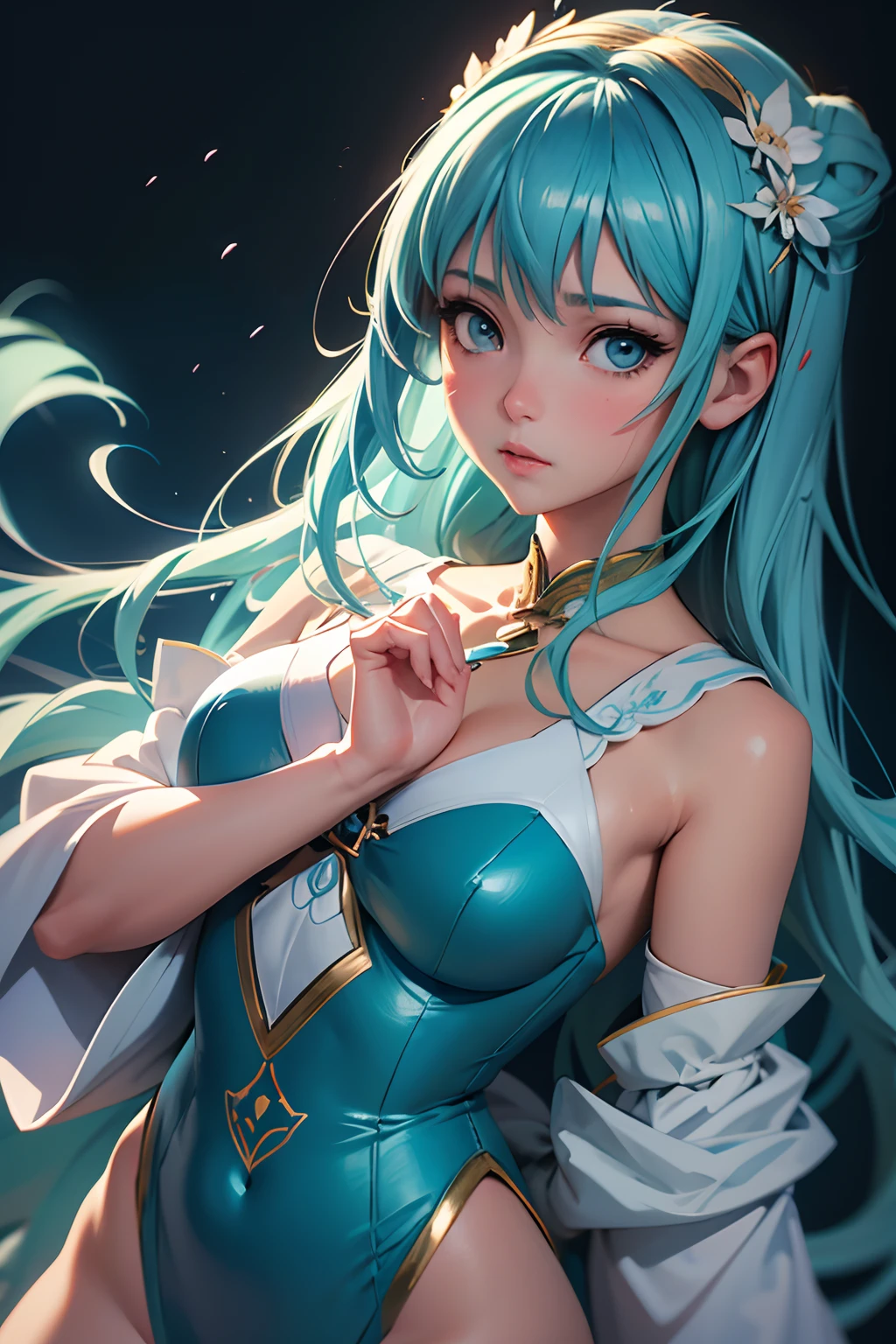 Anime girl avec une longue méditation bleue, lors d&#39;une fête de Noël chez elle, Tendances sur ArtStation pixiv, fanart exquis très détaillé, déesse animée, ! art de rêve, Artgerm dans ArtStation Pixiv, Touwa Erio