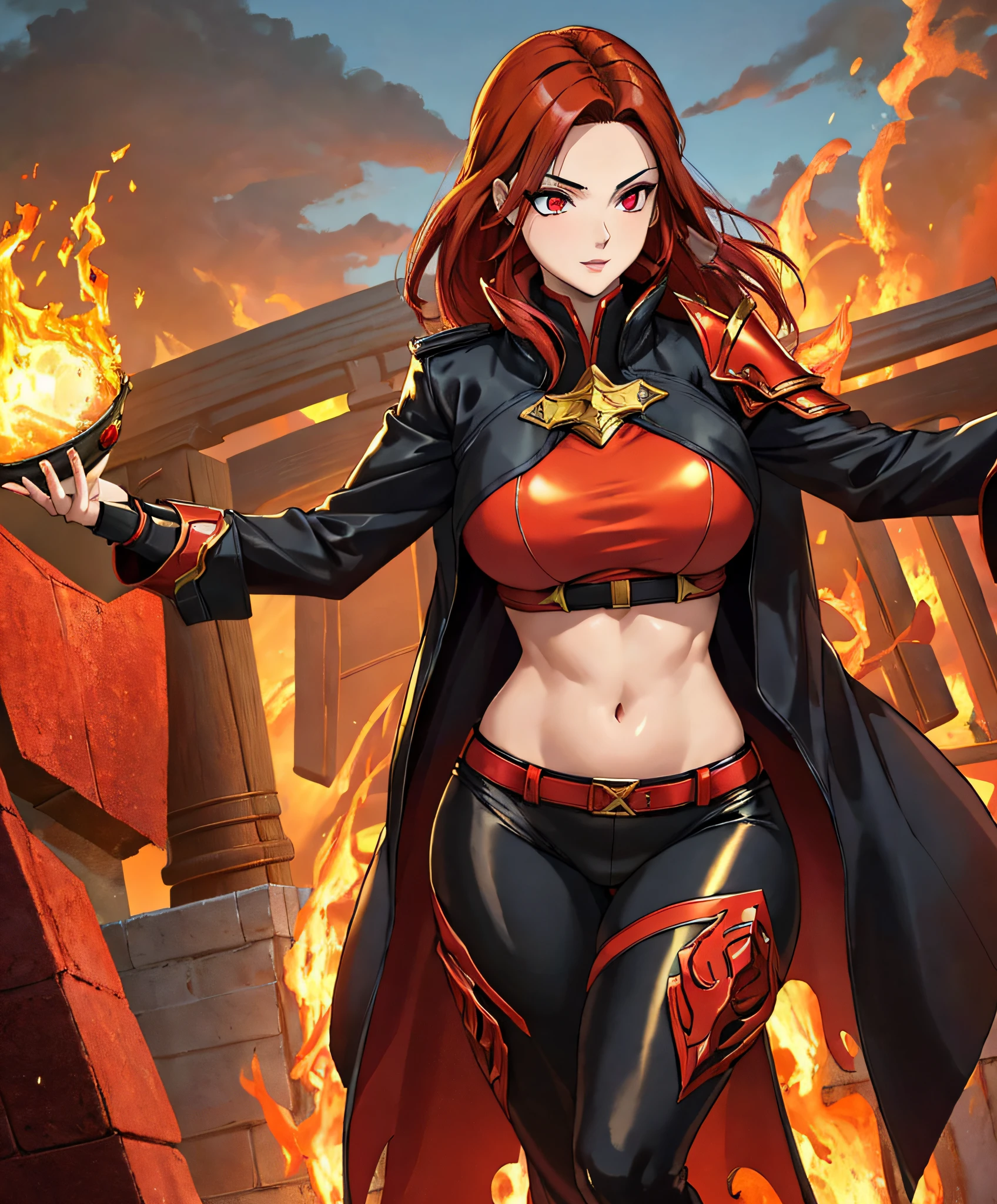 (masterpiece:1.2, best quality), beautiful, a 23yo woman, fiery hair, fire goddess, (glowing red eyes), extremely detailed face, beautiful detailed eyes, defined jawline, (perfect anatomy), wearing red armor, midriff, textured skin, hot lighting, flames, embers, measures 65-40-90, beautiful figure, confidant, wearing black leggins, big legs, highly voluptuous thighs, wears a black coat, fire powers, fire hero, big ass, solo girl,