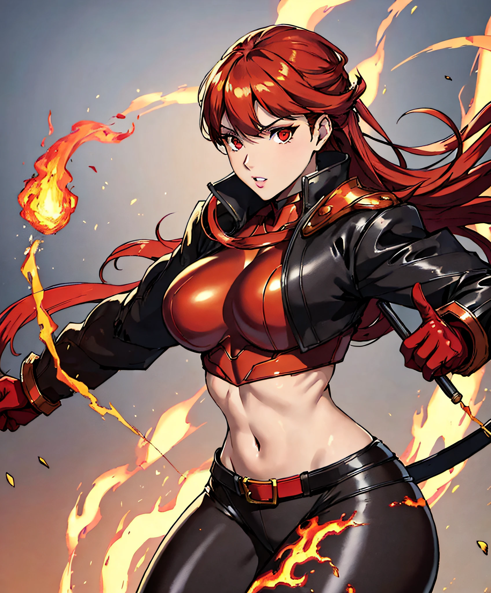 (masterpiece:1.2, best quality), beautiful, a 23yo woman, fiery hair, fire goddess, (glowing red eyes), extremely detailed face, beautiful detailed eyes, defined jawline, (perfect anatomy), wearing red armor, midriff, textured skin, hot lighting, flames, embers, measures 65-40-95, beautiful figure, confidant, wearing black leggins, big legs, highly voluptuous thighs, wears a black coat, fire powers, fire hero, big ass, solo girl,