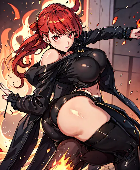 (masterpiece:1.2, best quality), beautiful, a 23yo woman, fiery hair, fire goddess, (glowing red eyes), extremely detailed face, beautiful detailed eyes, defined jawline, (perfect anatomy), wearing red armor, midriff, textured skin, hot lighting, flames, e...