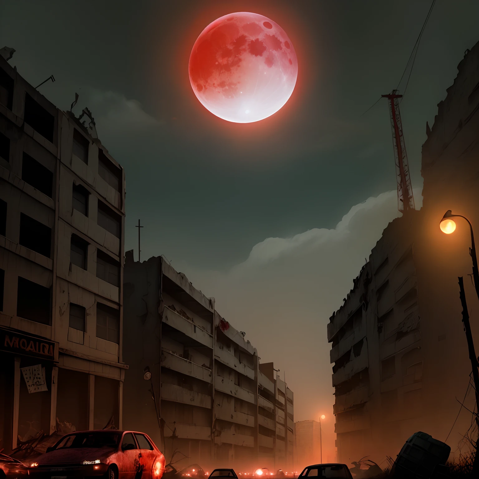 red moon,Lua de sangue, Wrecked City, zombies