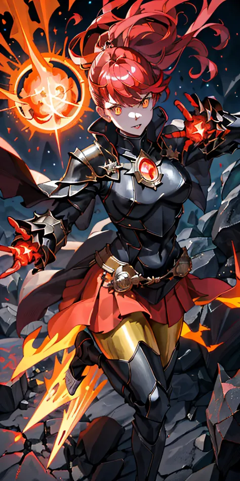 upper body of paladin lady in ornate black and red armor, pauldrons, breastplate, glowing fire halo, loose hair, yellow glowing eyes, bright pupils, eye focus, red and black coat, night, moonlight, particles, light beam, red hair, defined lips, highly volu...