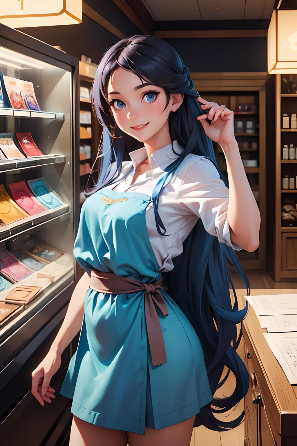 (Chica con pelo largo y ojos azules., touwa erio, 1.0), (elegir un anillo de compromiso y sonreírle al dependiente de la tienda, 1.1), (posar mirando al comerciante), tendencia en artstation pixiv, Artgerm en ArtStation Pixi