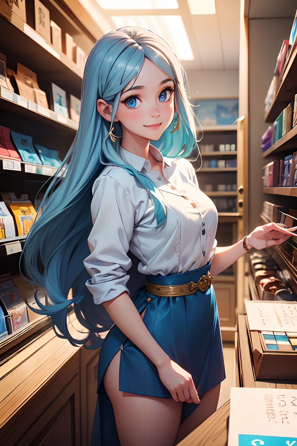 (Chica con pelo largo y ojos azules., touwa erio, 1.0), (elegir un anillo de compromiso y sonreírle al dependiente de la tienda, 1.1), (posar mirando al comerciante), tendencia en artstation pixiv, Artgerm en ArtStation Pixi