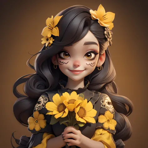 masterpiece, best quality, a girl smiling with sugar skull death makeup, holding a yellow flowers bouquet