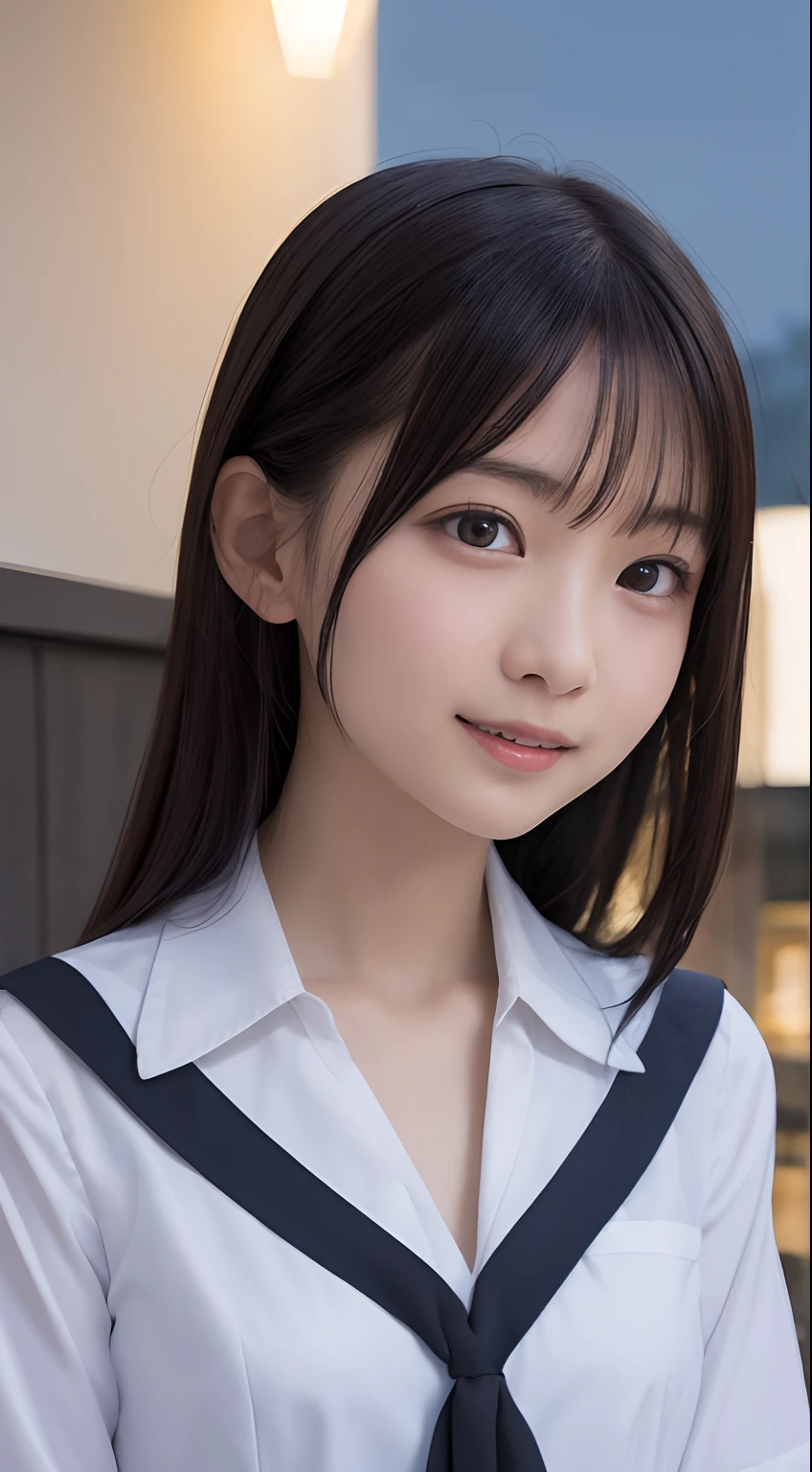 masutepiece, Best Quality, 8K, 8years old, Teen, Raw photo, absurderes, award winning portrait, Smile, Solo, (Night:1.8), Idol face, Delicate girl, Upper body, Digital SLR, Looking at Viewer, Candid, Sophisticated,Thin arms, Professional Lighting, Film grain, chromatic abberation, (Eyes and faces with detailed:1.0), (Bokeh:1.1) , (Stewardess uniform:1.1) , closes mouth