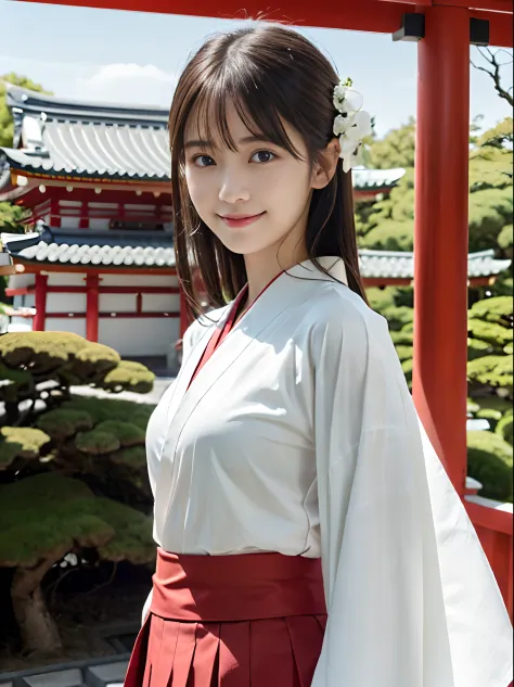 (White kimono and red long skirt、slender small breasts and long hair,,、Close up of girl with dull bangs:1.5)、(In the precincts o...