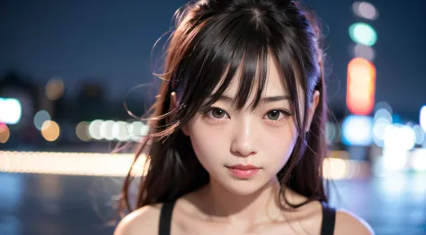 1girl, Tokyo street,night, cityscape,city lights,upper body,close-up,smile,, (8k, RAW photo, best quality, masterpiece:1.2),(realistic, photo-realistic:1.37),