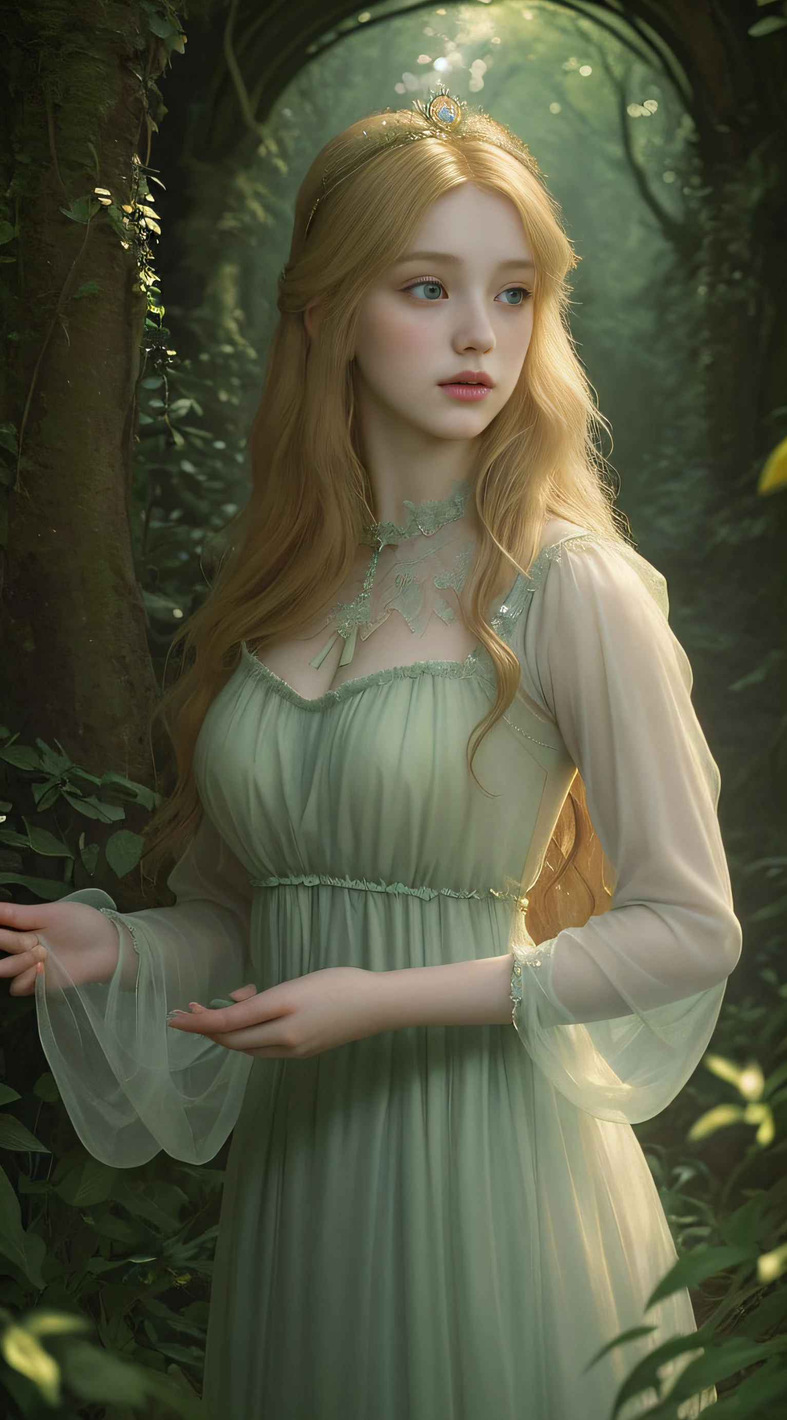 Pre-raphaelite masterpiece, extremely beautiful young fantasy princess in a aesthetic forest, glow, arches, blonde hair, backlit hair, photorealistic, dreamy, soft focus effect ,sheer dress