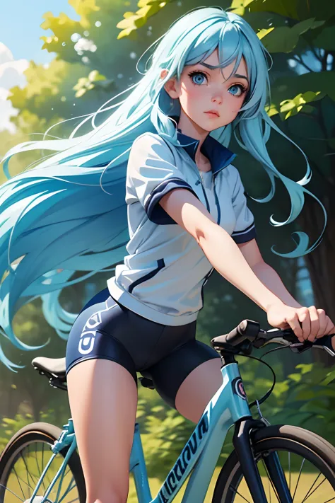 Girl with long light blue hair and blue eyes, Touwa erio, riding a bicycle with another girl, pedaling pose, (second girl with b...
