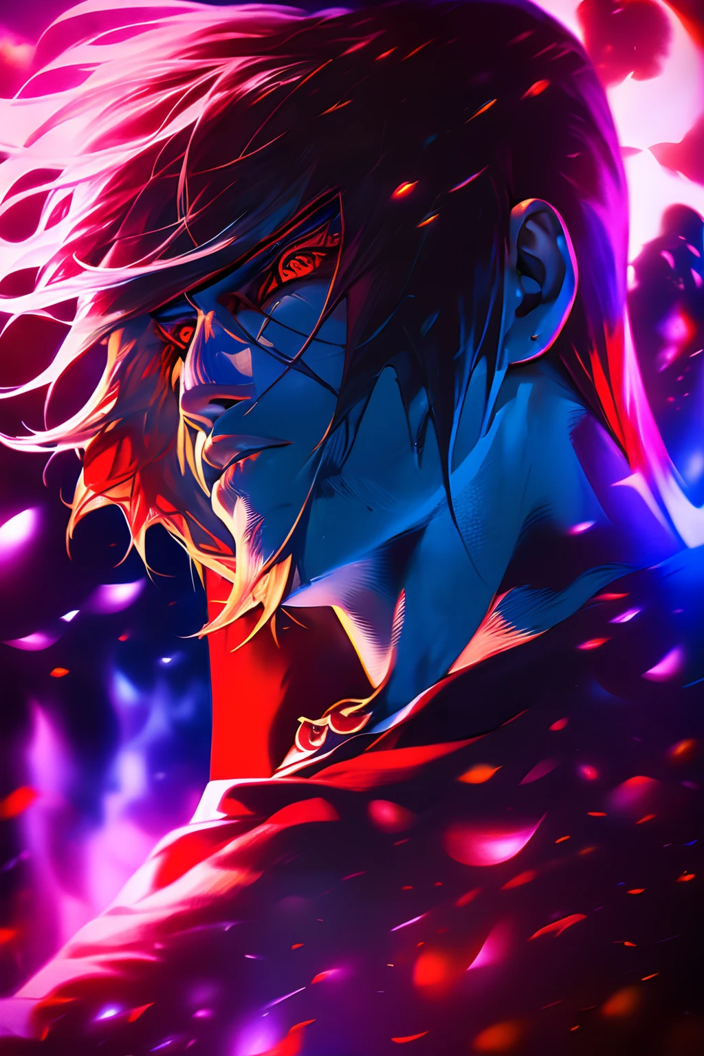 ' Create a powerful wallpaper that showcases the strength and charisma of (("Itachi Uchiha")). Itachi should be depicted in a formidable and captivating pose, with his Sharingan activated and Amaterasu flames in the background. Ensure the wallpaper exudes an aura of power and captivates the viewer with its intensity.